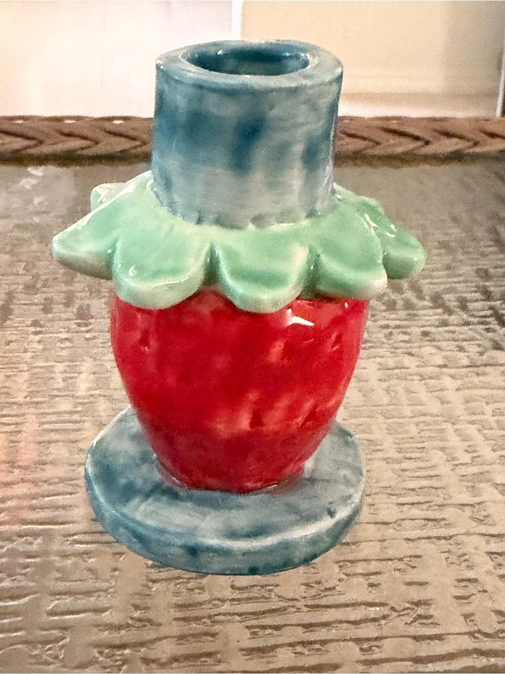 Handmade Ceramic Strawberry Candle Holder Fruit Red Green Blue Cottage New